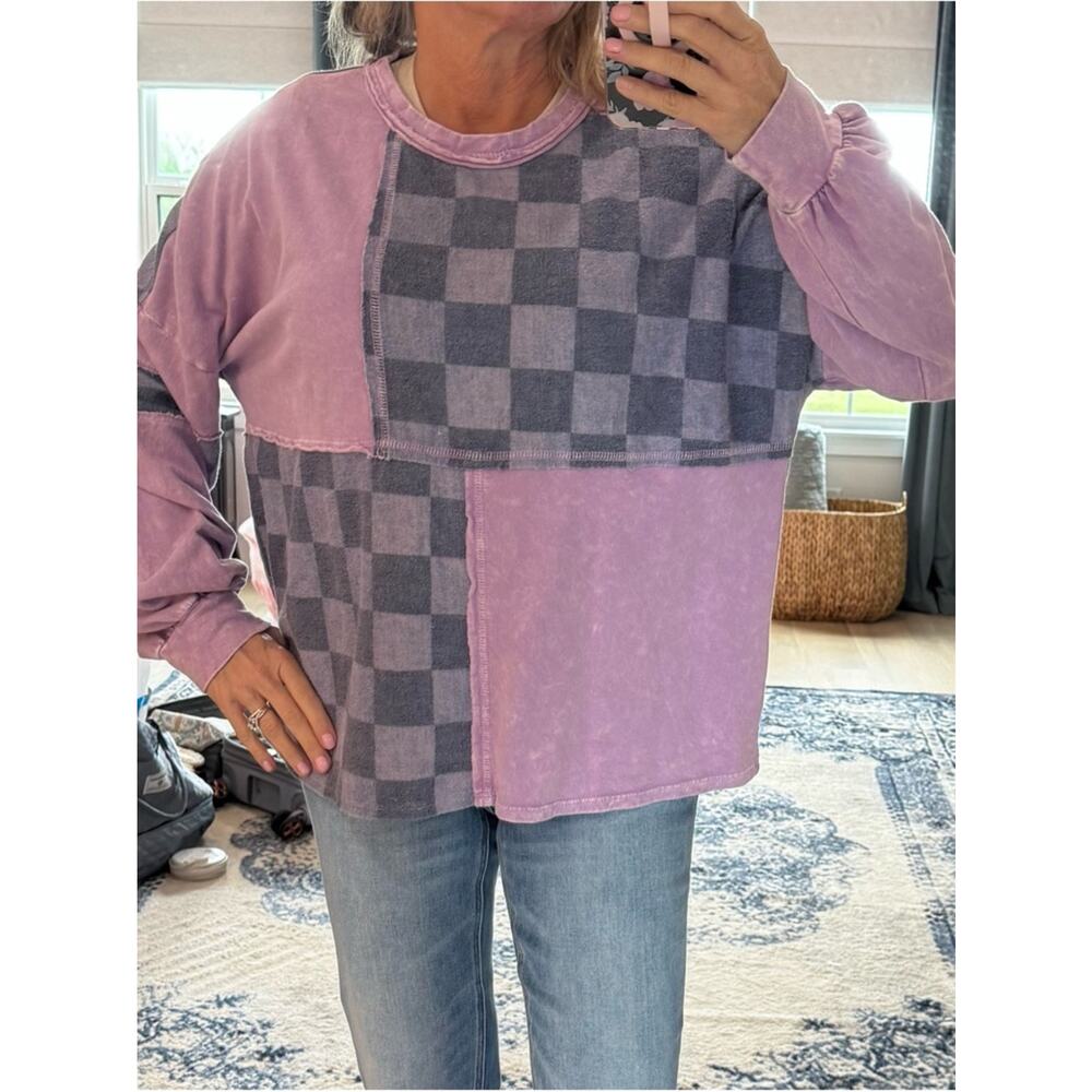 J.Her Patchwork Checkerboard Lavender Pullover. Medium.